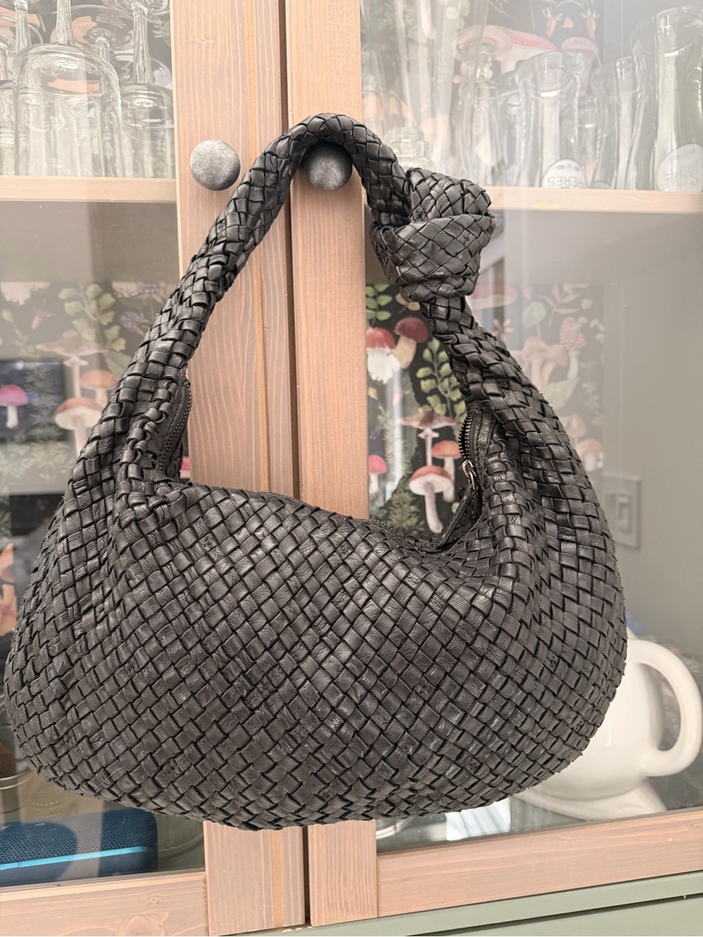 Woven Knot-Handle Shoulder Bag in Black